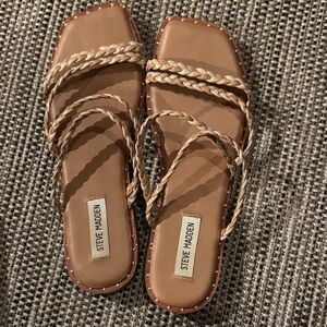 Steve Madden square toed Starie slip on sandal with glittery braided straps